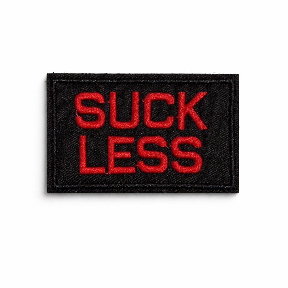 Suck Less Red Black Embroidered Morale Patch Hook and Loop Tactical 3x2 Inch